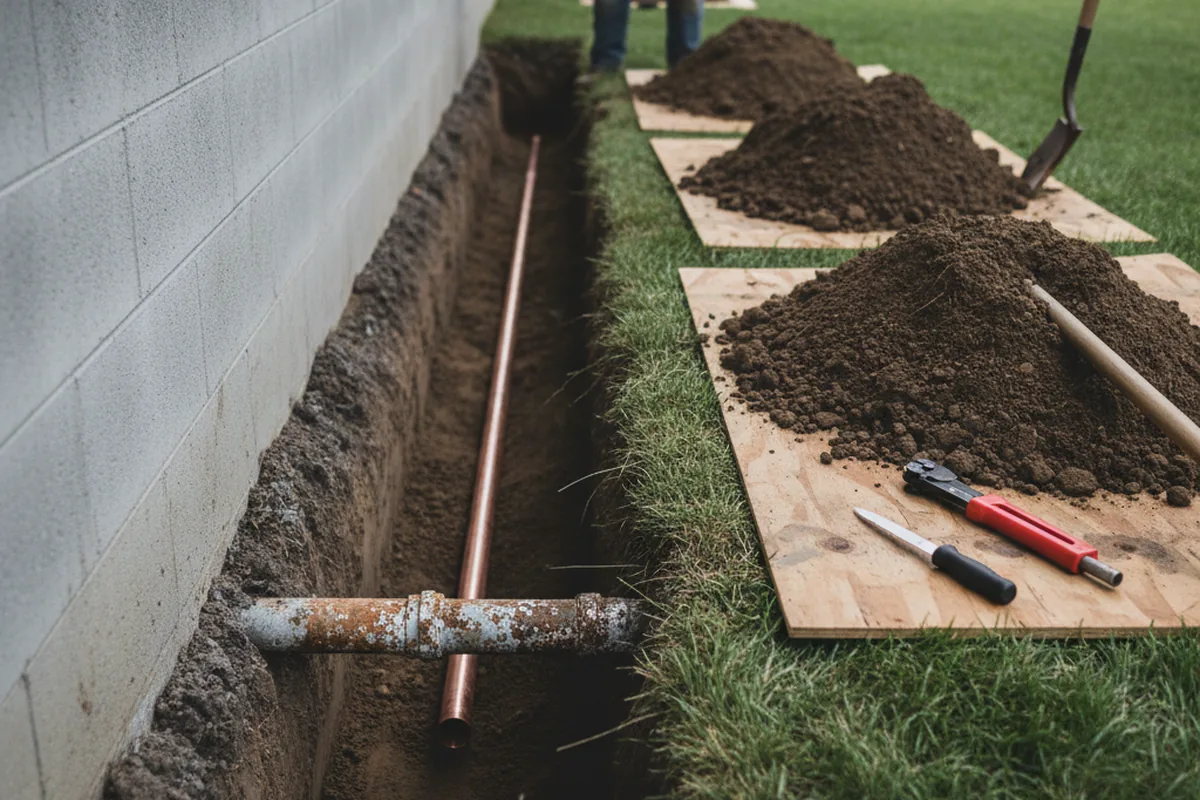 Excavated water line trench during Water Softener Installation in Satsuma
